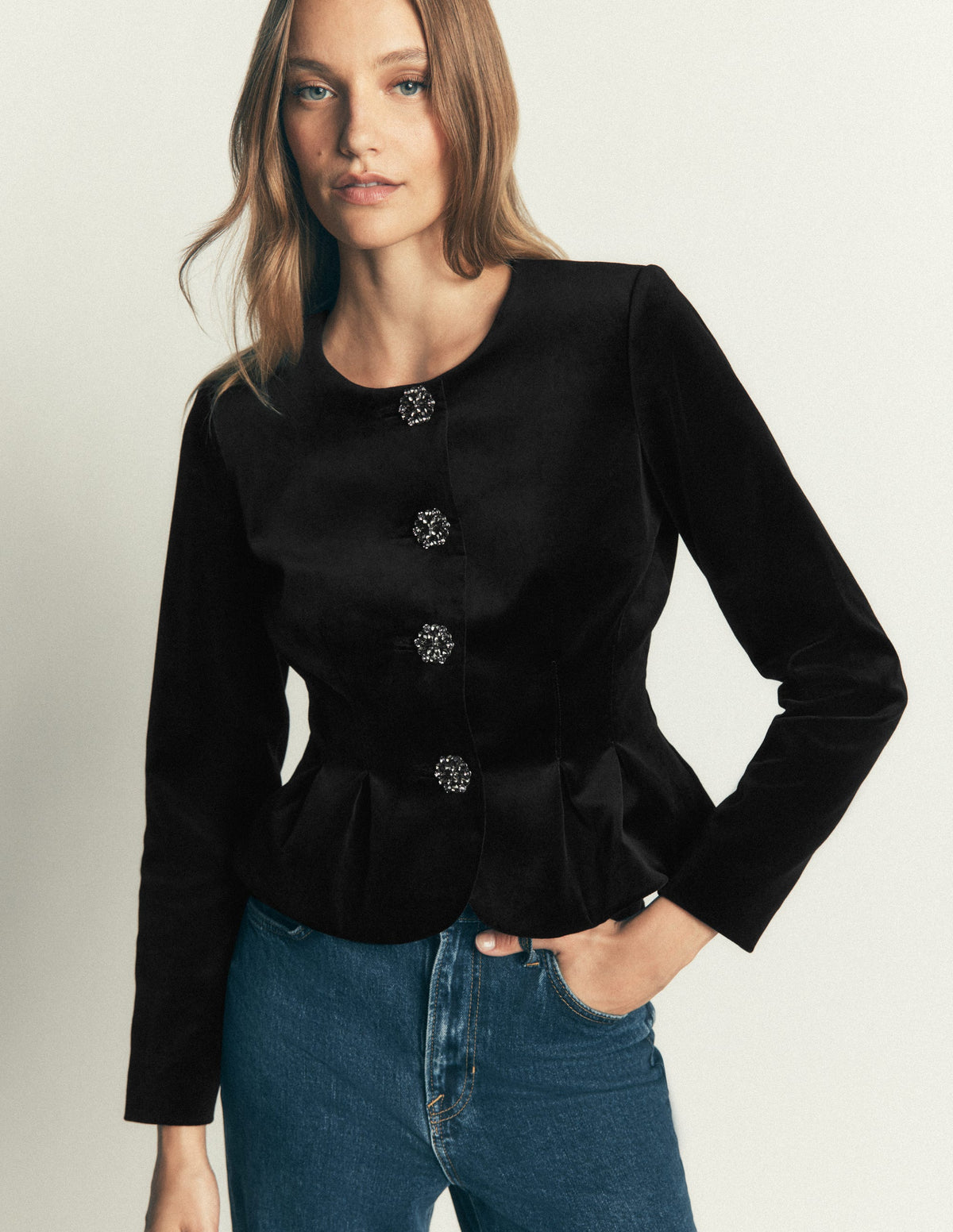 Taillierte Samtjacke-Schwarz-2