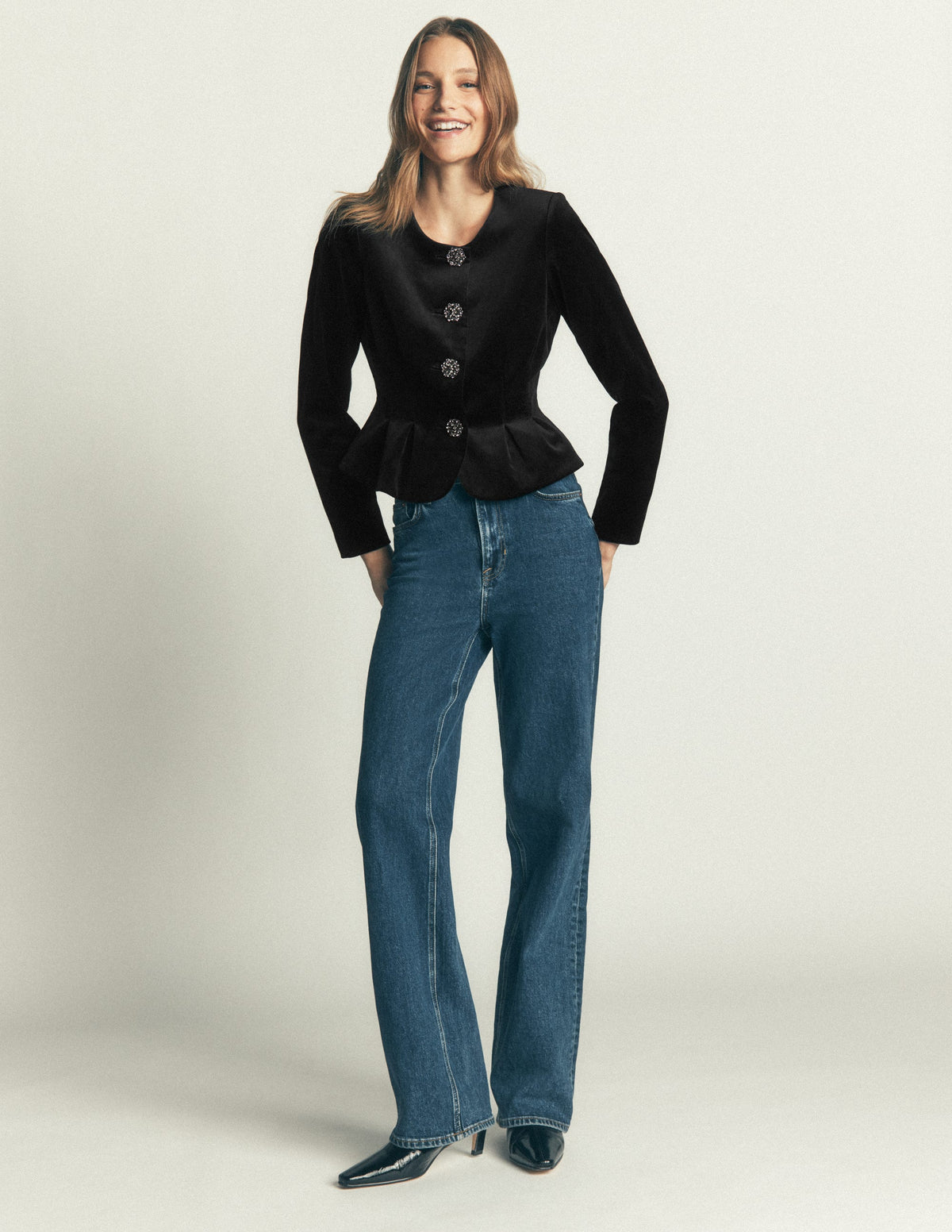 Taillierte Samtjacke-Schwarz-4