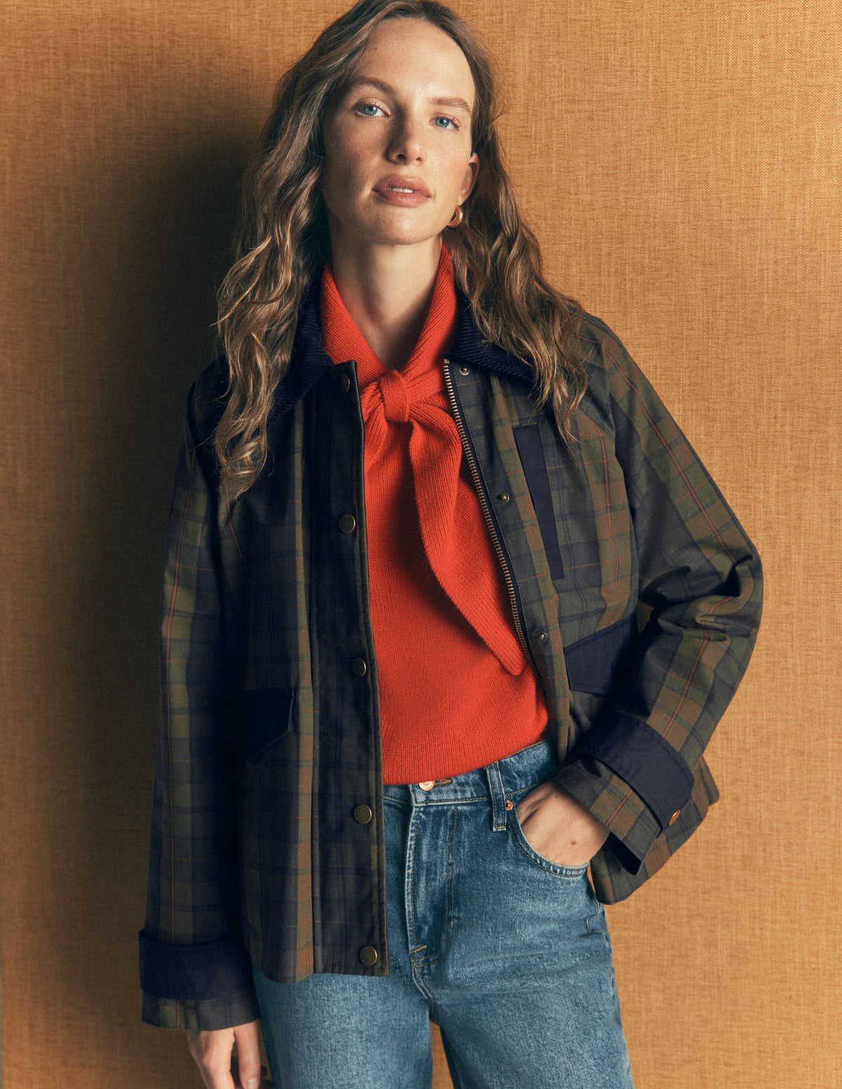 Raglan Wax Jacket-Olive and Camel Wax Check - Image 8