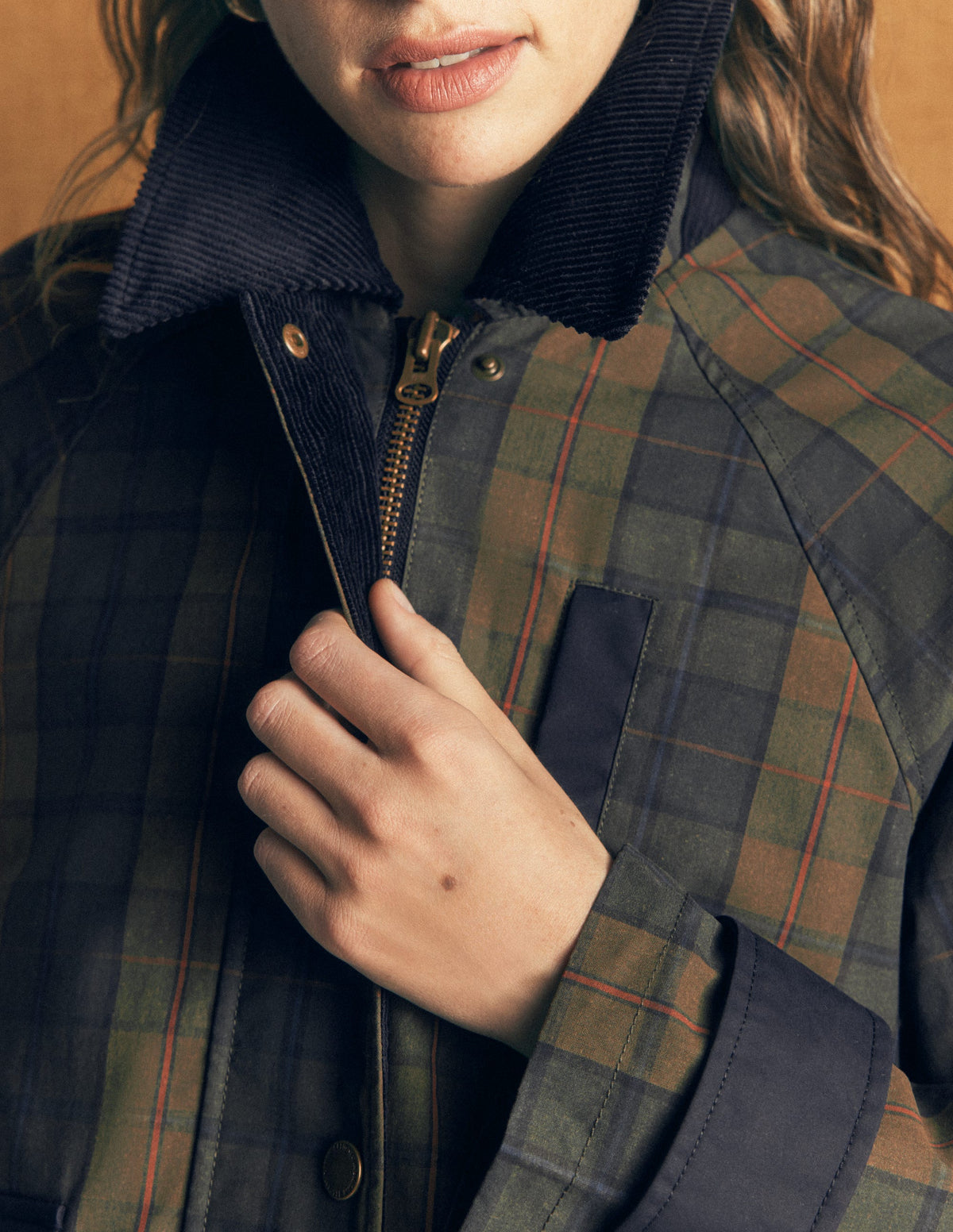 Raglan Wax Jacket-Olive and Camel Wax Check - Image 3