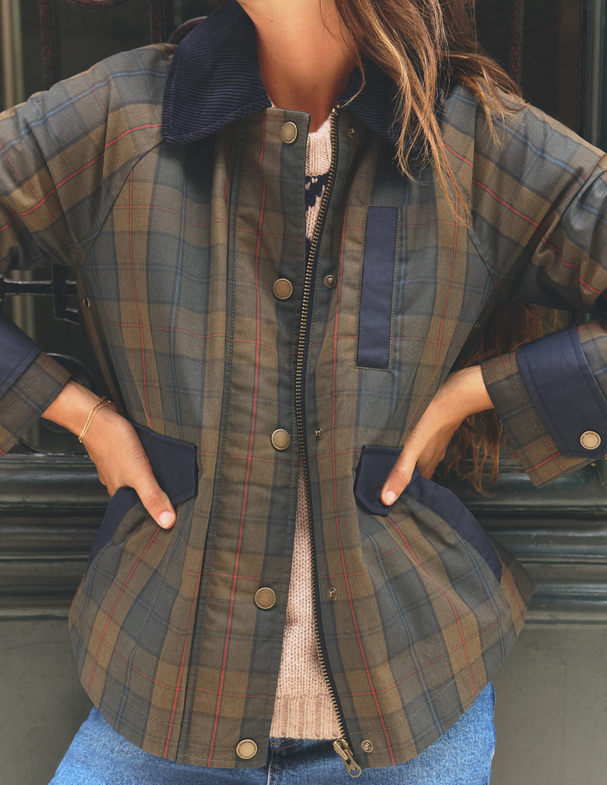 Raglan Wax Jacket-Olive and Camel Wax Check - Image 1