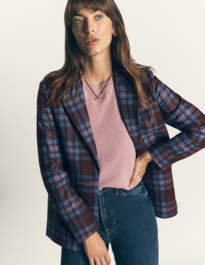 Woodbridge Blazer aus Wollmischgewebe-Braun, Blau und Rosa Kariert