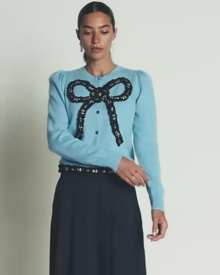 Ria Verzierte Strickjacke-Blau, Schleife-2